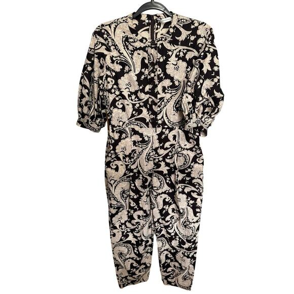 Rebecca Taylor NWOT Paisley Jumpsuit Belted Waist Puff Sleeves Espresso Size XS - Picture 3 of 12